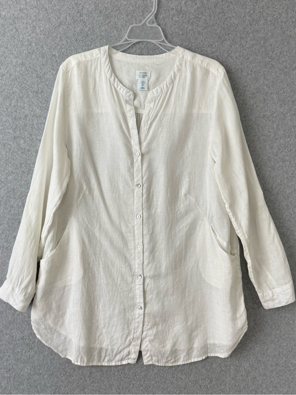 Sigrid Olsen Linen Tunic Top Large White Button Down Long Sleeve Roll Tab Resort